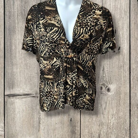 NOTATIONS Women's Short Sleeve 2For One Safari Leopard Print Blouse Size Large - Picture 1 of 16